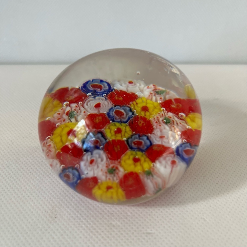 Paperweight Millefiori Red Blue Yellow Art Glass